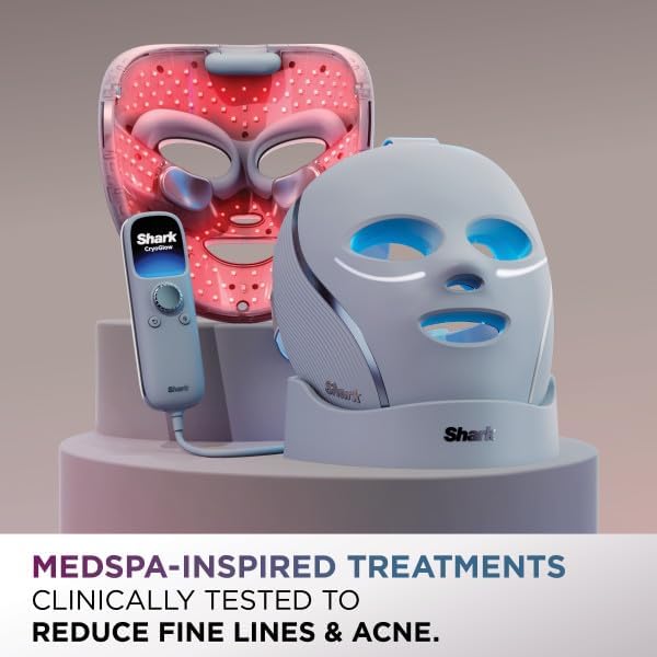 Shark CryoGlow LED Face Mask with Under-Eye Cooling, Anti-Ageing & Blemish Repair, Red & Blue LED, Infrared Light Therapy, USB-C, Remote Control, Storage Bag, Adjustable Straps, Rose Glow, FW312PK