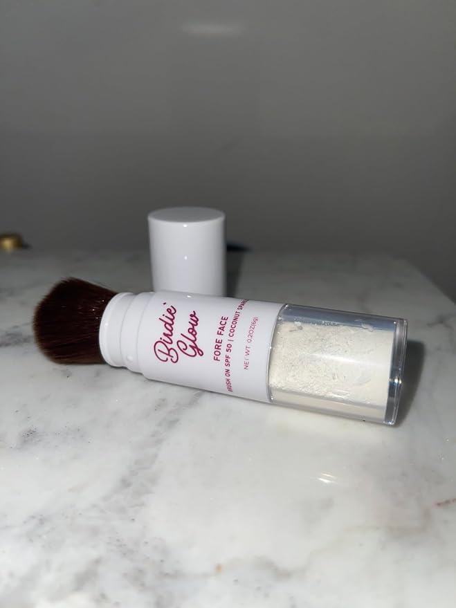 Birdie Glow Brush on SPF 50| Beach Essentials, Zinc Oxide Mineral Sunscreen Powder SPF, Face Sunblock, Brush On Sun Screen Protector for Face and Body, 0.20oz