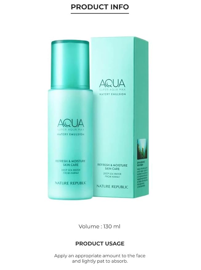 Nature Republic Super Aqua Max Watery Emulson_Hydrating Deep sea water daily Moisturizer & Glow Lightweight Long Lasting lotion cream for Face korean beauty facial skin care 130ml / 4.39 fl.oz