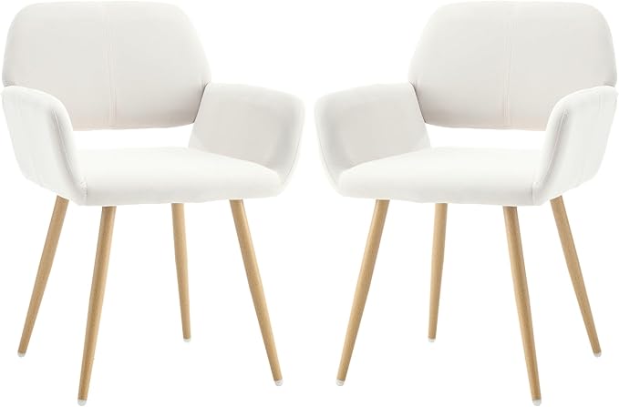KCC Small Modern Dining Room Arm Chairs Set of 2, Mid-Century Upholstered Velvet Side Seat Club Guest with Metal Tube Legs for Kitchen, Living Room, Beige
