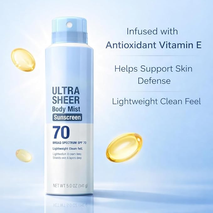 Ultra Sheer SPF 70 Body Sunscreen Spray, 5 oz Lightweight Sun Care Mist, Dry Touch Feel, Sheer Finish Protection for Outdoor and Daily Use