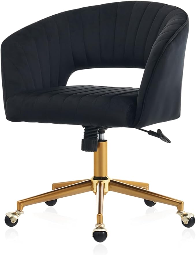 Vanity Chair with Back 360 Swivel Armchair and Gold Base, Criss Cross Chair with Wheels for Vanity Home Office, Living Room, Bedroom and Study (Black)