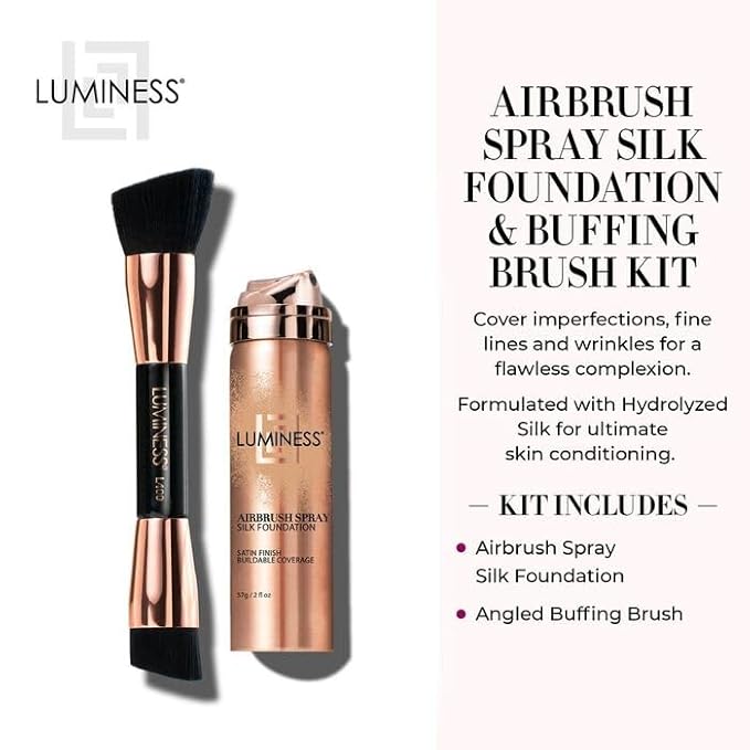 LUMINESS Face Time All In One Makeup Kit - Includes Face Palette, Airbrush Foundation, and Makeup Brush - Long-Wearing, Silky, Soft, Easy to Blend, 3-PC Make Up Set (16 - Light Rich)