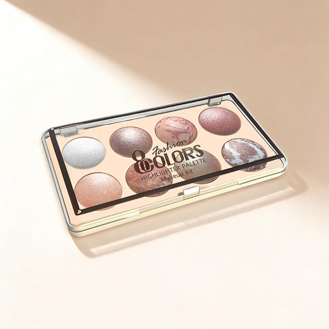 Baked Shimmer Makeup Palette, 8-Color Neutral Champagne Rose Gold Eyeshadow & Highlight Palette – High Pigment Soft Glow, No Fallout, Long-Lasting Eye Makeup for Everyday & Glam Looks 1#