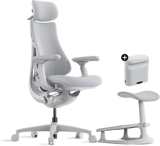 LiberNovo Dynamic Ergonomic Desk Chair + StepSync Footrest + Extra Battery Bundle - Comfy Home Office Chair with Adaptive Lumbar Support, 160° Recline & Built-in Spine Stretch, Gray+48cm