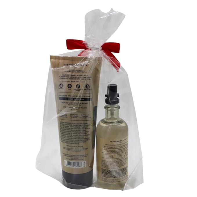 Bath & Body Works Aroma CEDARWOOD SAUNA Essential Oil Mist & Body Cream 2-piece Gift Set with a Red Bow for Holidays – Full Size