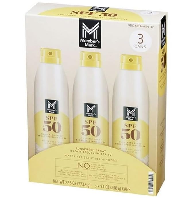 Members Mark SPF 50 Sunscreen Spray, 9.1 oz, 3 Pack – Broad Spectrum UVA/UVB Protection, Water Resistant, Non-Greasy Continuous Spray Sunscreen
