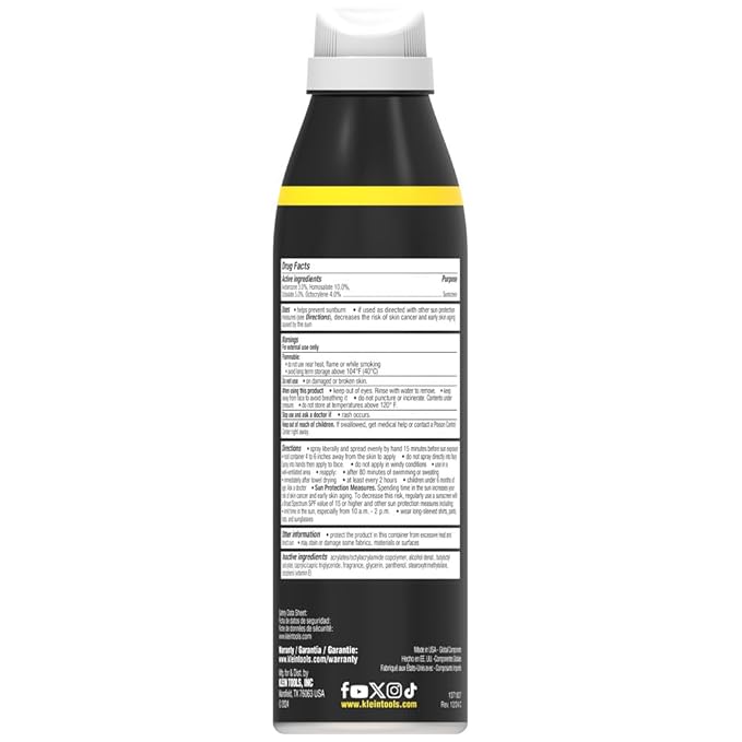 Klein Tools SPF50SPY55 Sunscreen Spray, SPF 50, 120-Minute Water-Resistant, Broad Spectrum UVA/UVB Sun Protection, Non-Greasy, 5.5 Ounce Bottle, 12-Pack