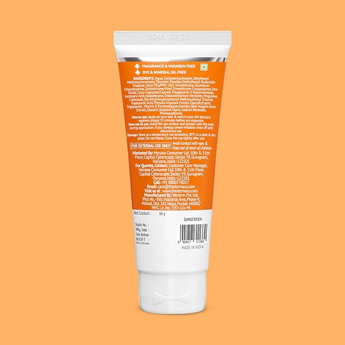 The Derma Co 1% Hyaluronic Long Lasting Sunscreen Spf 50 Pa++++ With Hyaluronic Acid & Vitamin E For Broad Spectrum Protection- 50 G, All Skin Types | Water & Sweat Resistant