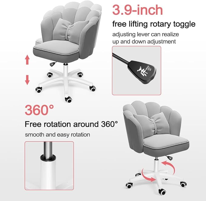 Petal Desk Chair with Bow Cushion Velvet Vanity Chair with Wheels, Upholstered Home Office Chair for Girls Women, Mid-Back Swivel Computer Task Chairs for Living Room Bedroom