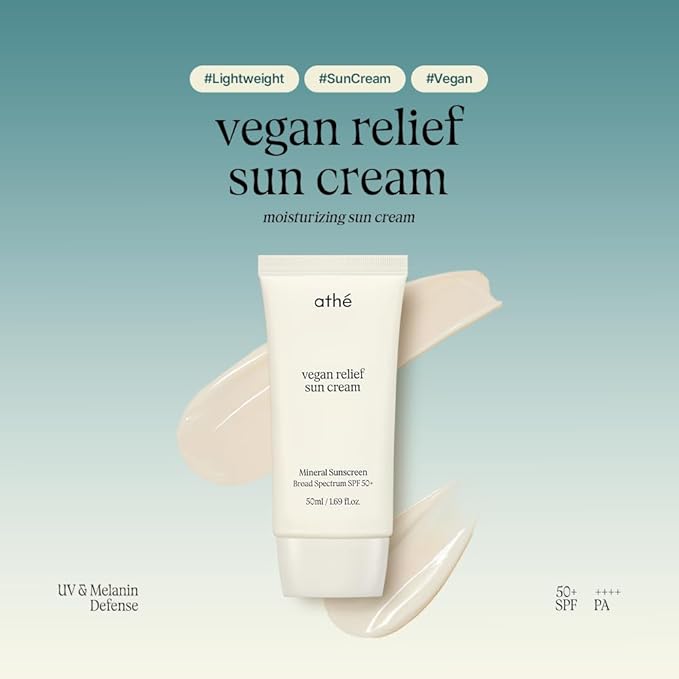 athé Vegan Relief Sun Cream SPF 50+ Broad Spectrum – Lightweight Hydrating Face Sunscreen, No White Cast, Includes Mini Tinted Lip Balm (04 Brave, 0.04 oz) | Vegan K-Beauty (1.69 fl oz)