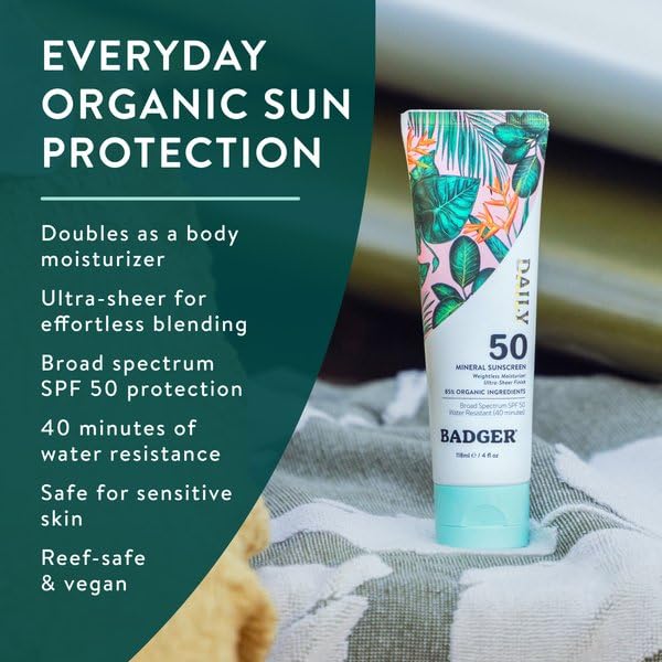 Badger SPF 50 Daily Mineral Sunscreen with Zinc Oxide, 85% Organic, Lightweight & Easy to Apply, No White Cast, Moisturizing, Reef Safe, Vegan, Unscented, 4 fl oz, 2 Pack