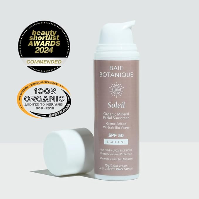 NEW SIZE - Baie Botanique Soleil Organic Facial Sunscreen SPF 50 - Chemical Filter Free Hyaluronic Acid & Vitamin C Sunscreen for Face Natural Vegan No White Cast Non Toxic UVA/UVB - Light Tint 70g