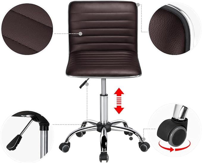 Yaheetech Modern PU Leather Ribbed Armless Working Office Chair Adjustable Low-Back Comfy Desk Task Chair w/Rolling Wheels, Brown