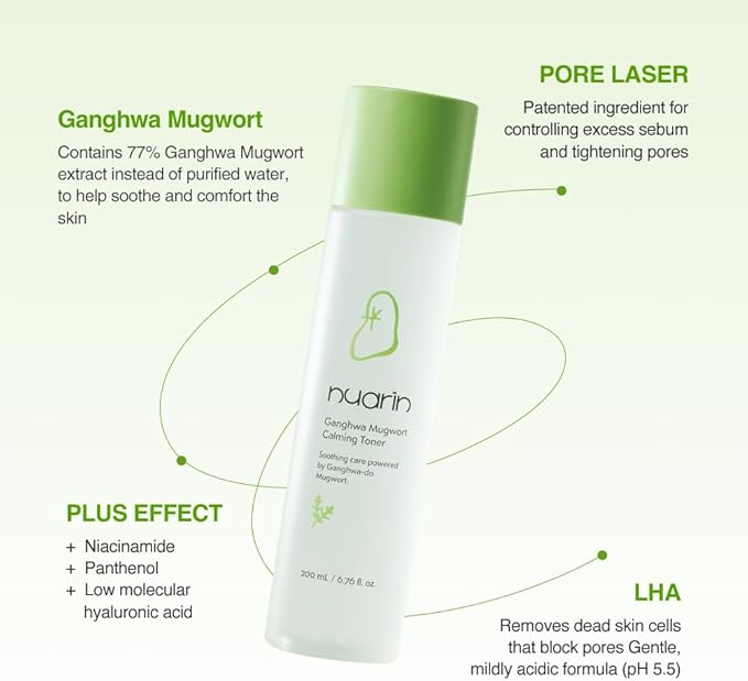 NUARIN Ganghwa Mugwart Calming Toner 200ml / 6.76 fl.oz | 77% Ganghwa-Origin Mugwort Extract | LHA Exfoliating Daily Toner for Pore & Sebum Care | Vegan | Korean Skincare