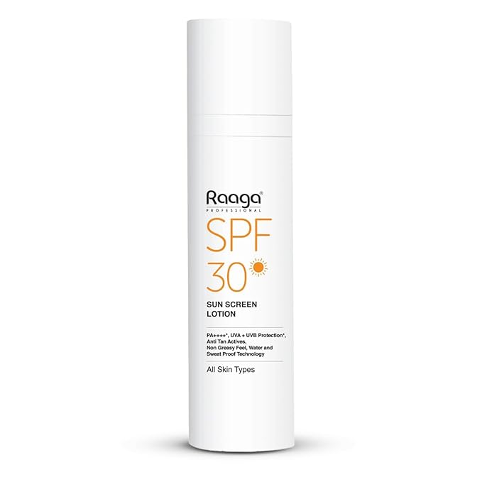 Raaga Professional Sunscreen Lotion SPF 30 | Broad Spectrum UVA & UVB Protection | Lightweight, Non-Greasy & Water-Resistant | Keeps Skin Hydrated | For All Skin Types | 1.86 Fl Oz/55ml