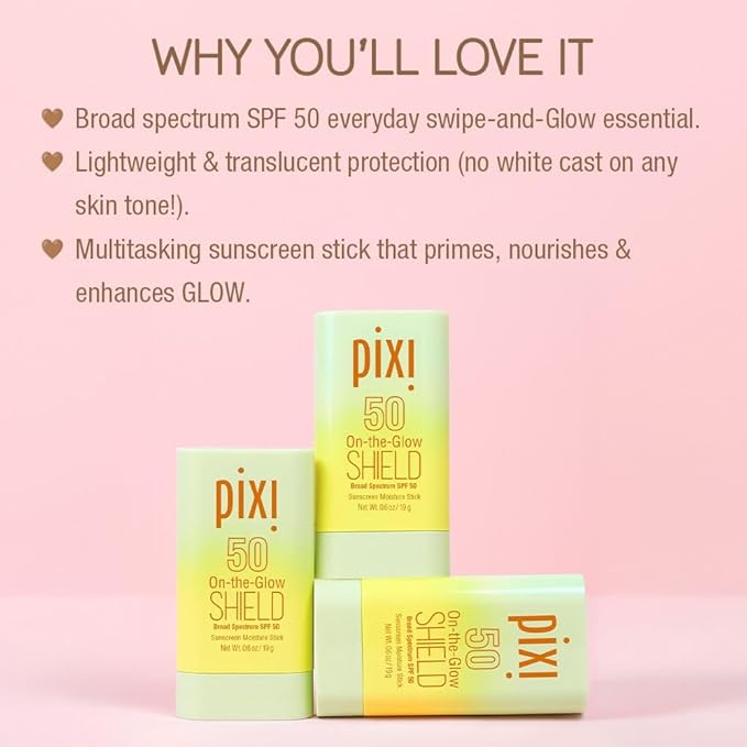 Pixi Beauty On-the-Glow SHIELD SPF 50 2-pack | Lightweight & Ultra-Hydrating Sunscreen Stick for Everyday Use | No White Cast | Travel Size, Vegan & Paraben-Free | 2x 0.6oz/19g