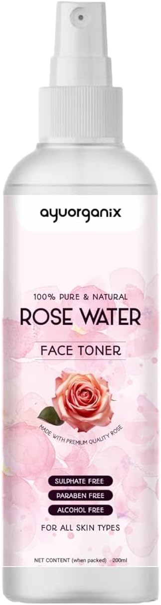 AYUORGANIX Pure Rose Water Spray 200ml - 100% Natural & Organic, Hydrating Toner for Face, Skin & Hair Care, Refreshing Mist for All Skin Types, Alcohol-Free, Steam Distilled