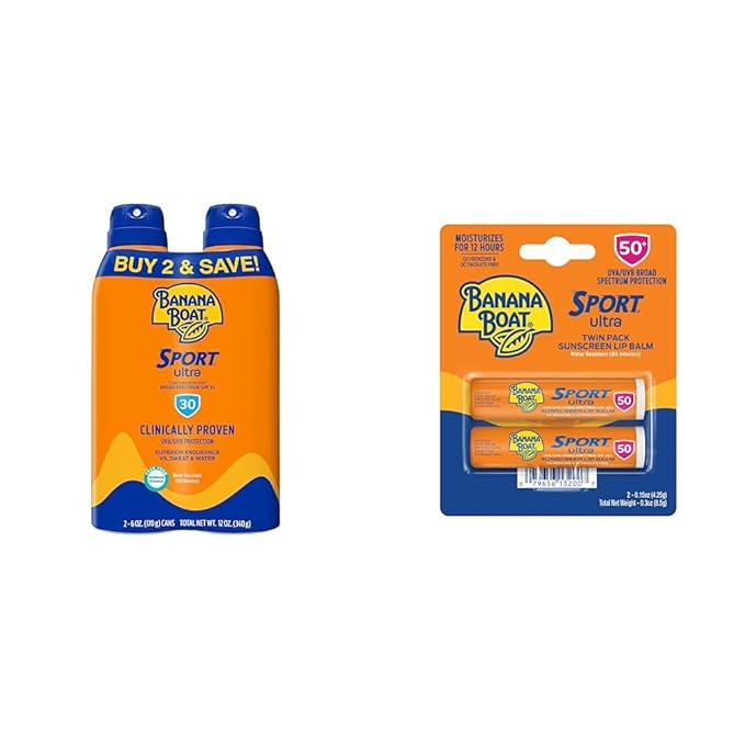 Banana Boat Sport Ultra SPF 30 Sunscreen Spray | SPF 30, Spray On Sunscreen, Water Resistant Sunscreen & Sport Ultra SPF 50 Lip Sunscreen 2 Pack | SPF Lip Balm Pack, SPF 50,Oxybenzone Free Sunscreen