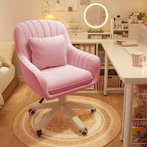 Velvet Desk Chair with Pillow Upholstered Vanity Chair for Girls Women, Home Office Computer Task Chair with Wheels Swivel Rolling Accent Chair for Living Room, Bedroom
