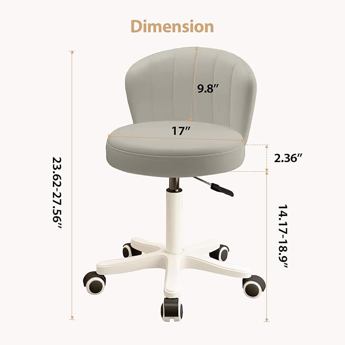 Small Desk Chair Round Rolling Chair with Back PU Leather Height Adjustable Swivel Vanity Work Computer Stool Chair for Home Office Bedroom, Set of 2