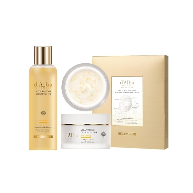 d'alba Piedmont 3 Step Vita Toning Routine, Vita Capsule Hydrogel Mask (4 Sheets) & Vita Toning Serum Toner & Capsule Cream