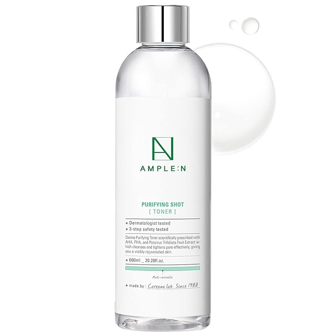 Ample:N Purifying Shot Toner Big- Korean AHA, PHA Pore Refining Face Toner for Oily and Acne Skin - Refreshing Pore Tightening Astringent – Removes Dead Skin Cells - 20.3 fl.oz.