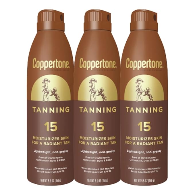 Coppertone Tanning Sunscreen Spray with Broad Spectrum SPF 15, Water Resistant Spray Sunscreen, Lightweight and Non-Greasy, 5.5 Oz, Pack of 3