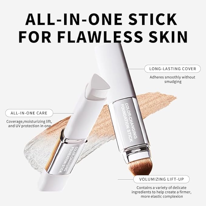 Color Changing Foundation Stick V, Korean Makeup Cream Stick 3 In 1- White Foundation- Full Coverage Hydrating Concealer Balm, 2PCS Dual-Ended With Detachable Brush