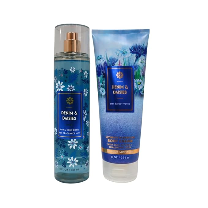 Bath & Body Works DENIM & DAISIES Mist & Body Cream 2-piece Gift Set with a Blue Bow for Holidays & Gifts