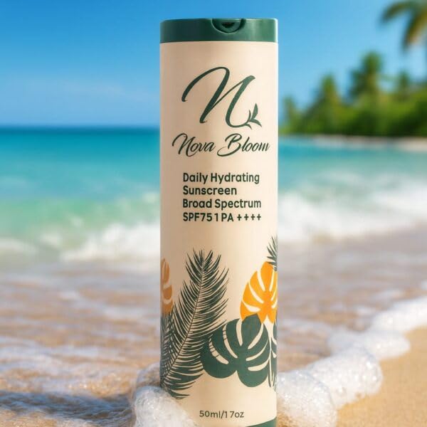 Nova Bloom Daily Hydrating Sunscreen Cream, Broad Spectrum SPF 75, PA++++, Lightweight, Non-Greasy Formula Crafted with Vitamins A, C and E, 50ml/1.7oz