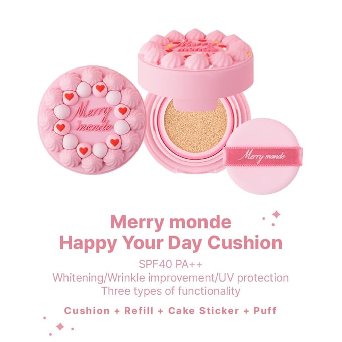 Merrymonde Happy Your Day Cushion, SPF40 PA++, Full Coverage, Pore Blurring, Hydrating Makeup, Korean Cushion Foundation with – Includes Puff & Refill (02 Vanilla, 1 Count)