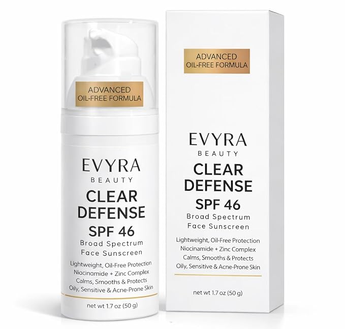 EVYRA Clear Defense SPF 46 Sunscreen Lotion for Face Broad Spectrum UV Protection, Niacinamide + Zinc PCA Oil Control, Lightweight Non-Greasy, No White Cast, Water-Resistant, For Oily/Acne-Prone Skin