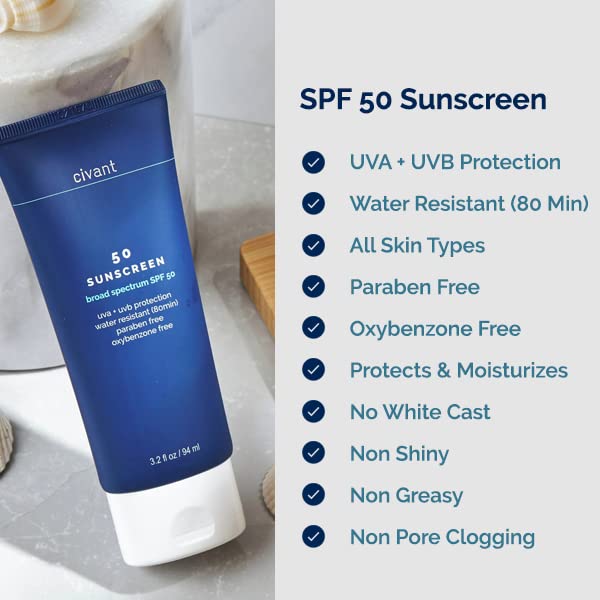 Civant SPF 50 Sunscreen for Face & Body - Broad Spectrum Sunscreen with Vitamin E & Zinc Oxide - Oxybenzone & Paraben Free, Cruelty Free & Vegan, 3.2 fl oz