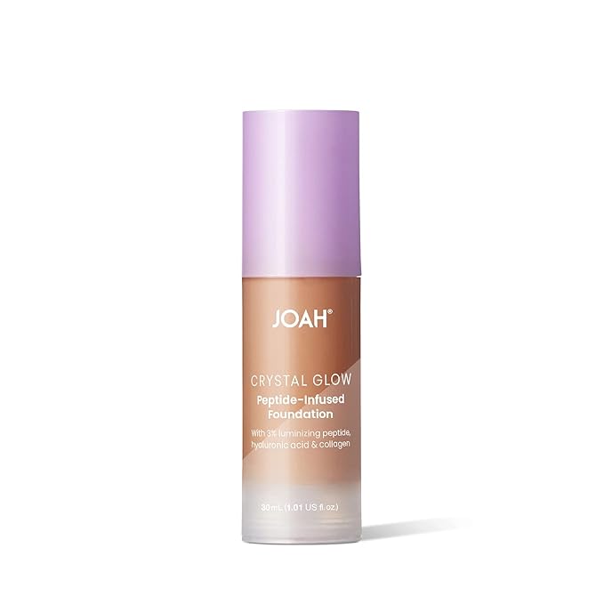 JOAH Crystal Glow Peptide-Infused Foundation, 2-in-1 Multitasking Korean Makeup with Blurring Face Primer, Luminizer, Hydration & Skin Defense for a Flawless Finish, 1.01 Oz, Tan Warm