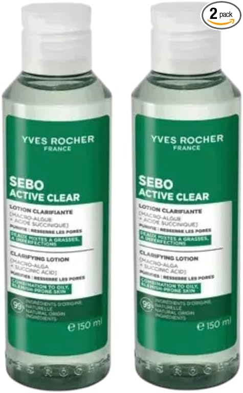Yves Rocher Sebo Active Clear Anti-Imperfection Cleansing Tonic Lotion Women Day Care Hydration All Skin Types - 150 ml / 5 flOz Set of 2 Best Gift Kit