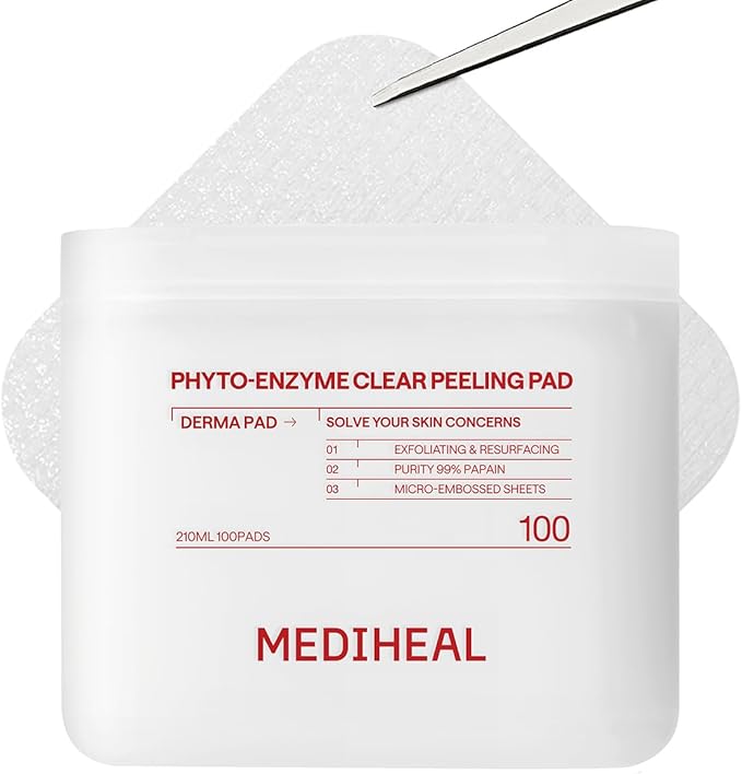 MEDIHEAL Toner Pads 100 Count - Phyto Enzyme Clear Peeling - Exfoliating Peeling Pad with LHA & Papaya Enzyme - Helps Blackhead & Whitehead Removal - Dual-Textured Pad for Pore Care, Korean Skin Care