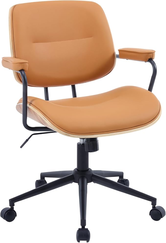 BV Mid Century Modern Office Chair Set of 1, Swivel Rolling Deak Chair with Armrests and Walnut Back, Adjustable Desk Chair for Home Office, Brown