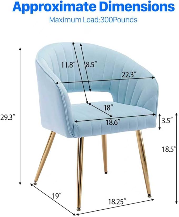 Home Office Chair Velvet Desk Chair Accent Armchair Upholstered Modern Tufted Chairs with Gold Legs for Girls Women Ergonomic Study Seat Computer Task Stools for Living Room(Blue)