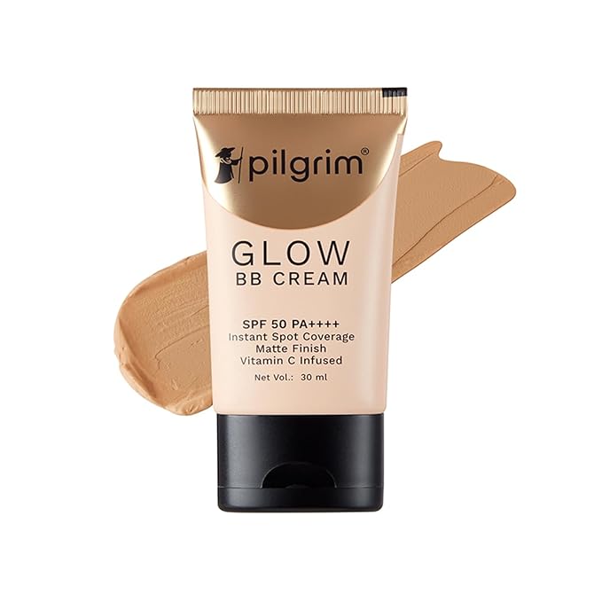 Pilgrim Beige Glow BB Cream SPF 50 PA++++ with Vitamin C | Medium Skin Tone | Lightweight Matte Makeup for Daily Wear, Sheer Coverage & Smooth Finish | 1.01 Fl Oz (30ml)
