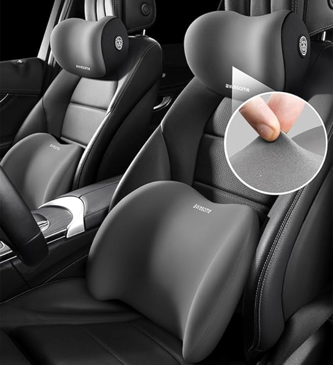 Car Lumbar Support Pillow and Car Neck Pillow Kit, Ergonomic Car Seat Headrest & Lumbar Cushion with Adjustable Strap for Neck Back Pain Relief, for Office Chair/Truck/Wheelchair (Coffee)