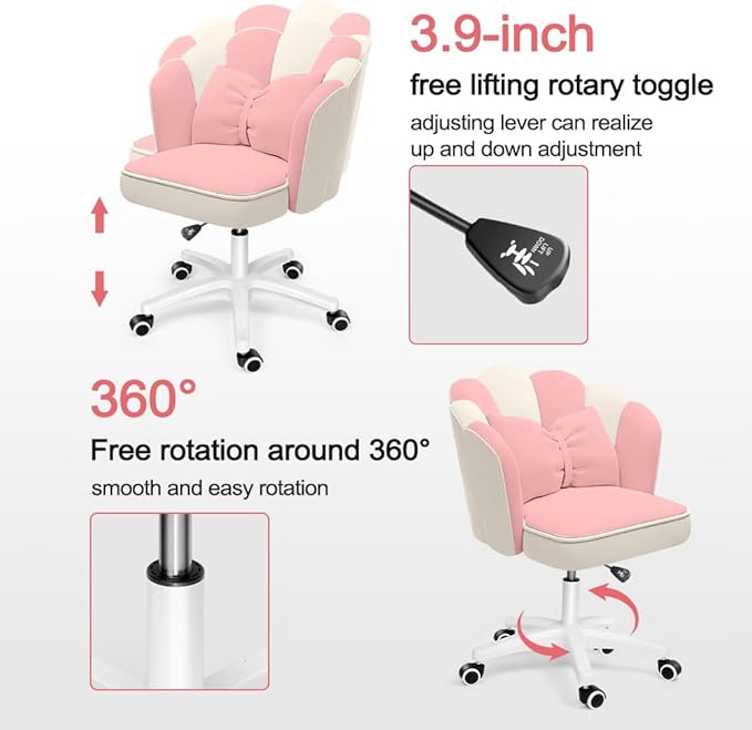Petal Desk Chair with Bow Cushion Velvet Vanity Chair with Wheels, Upholstered Home Office Chair for Girls Women, Mid-Back Swivel Computer Task Chairs for Living Room Bedroom