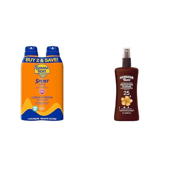 Banana Boat Sport Ultra SPF 50 Sunscreen Spray Twin Pack and Hawaiian Tropic SPF 25 Tanning Oil Spray Sunscreen