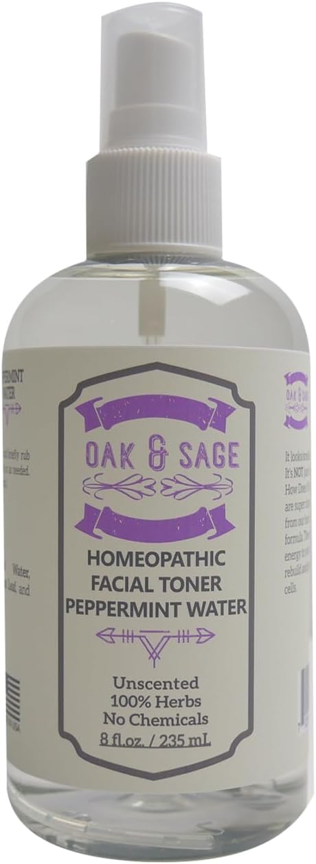 OAK & SAGE Homeopathic Facial Toner Peppermint Water - Unscented - 8oz - 100% Herbs, No Alcohol, No Chemicals - for All Skin Types