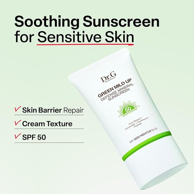 Dr. G Green Mild Up Defense Mineral Sunscreen - SPF 50 Broad Spectrum Korean Sunscreen - Lightweight & Reef-Safe Mineral Formula - For Sensitive Skin - Non-Greasy - With Centella Asiatica - 1.69 fl oz