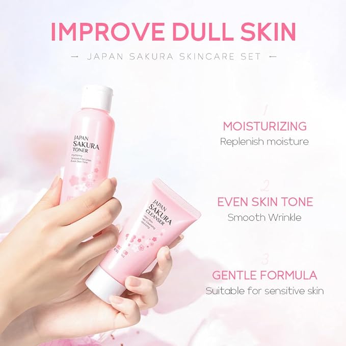 Skincare Gift Set Sakura Skin Care Travel Kit with Cleanser, Toner, Serum, Eye Cream, Face Cream for Women Girls (5pcs)