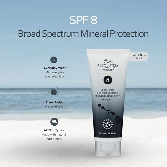 Absolutely Natural - SPF 8 Mineral Sunscreen - Water Resistant Moisturzing Lotion for Body & Face - Non-Nano Zinc Oxide, Vitamin E - 3 Oz
