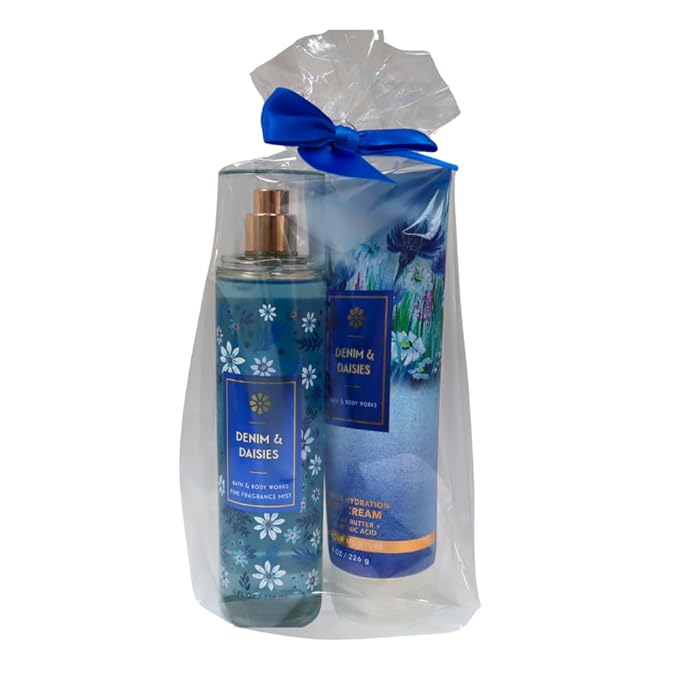 Bath & Body Works DENIM & DAISIES Mist & Body Cream 2-piece Gift Set with a Blue Bow for Holidays & Gifts
