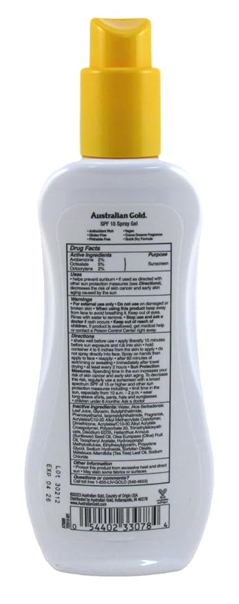 Australian Gold SPF 15 Sunscreen Spray Gel, 8 Fluid Ounce