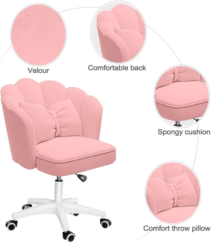 Petal Desk Chair with Bow Cushion Velvet Vanity Chair with Wheels, Upholstered Home Office Chair for Girls Women, Mid-Back Swivel Computer Task Chairs for Living Room Bedroom